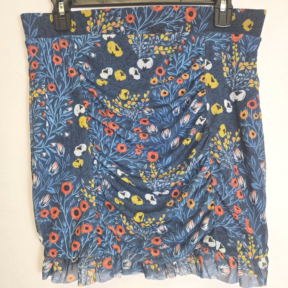 Free People Navy Floral Ruched Mini Skirt with Ruffle Hem